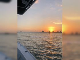 A serene sunset view from the deck of a boat, showcasing the tranquil waters and distant skyline — perfect for evening cruises.
