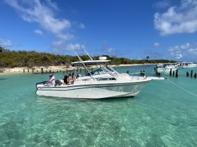 A lively group enjoys a day on the water aboard a Grand White boat, surrounded by stunning turquoise waters and a picturesque beach backdrop.