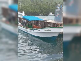 A vibrant boat named 'Monica Bless' docked at a serene harbor, surrounded by lush greenery — perfect for exploring coastal waters.