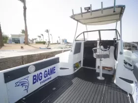 Interior view of a fishing boat featuring a helm and spacious cabin area, ideal for big game fishing adventures.