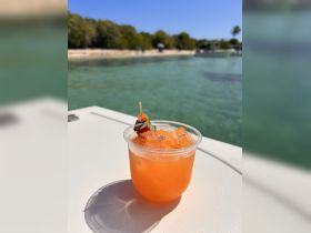 A refreshing cocktail sits on the deck of a boat, perfect for enjoying while soaking up the sun on a beautiful day by the water.