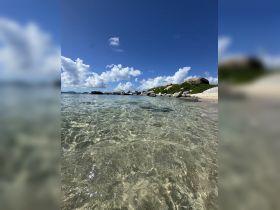 A stunning view of a clear beach with gentle waves and lush greenery, perfect for showcasing the natural beauty of coastal destinations.