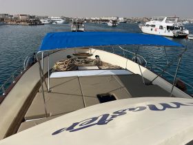 Interior view of a boat's helm area featuring comfortable seating and a blue canopy for shade, perfect for relaxing on the water.
