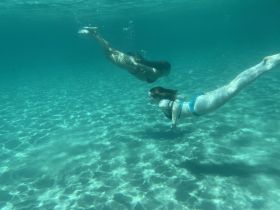 Two swimmers glide gracefully underwater in crystal-clear waters, showcasing the beauty of aquatic adventures and the joy of exploring marine environments.