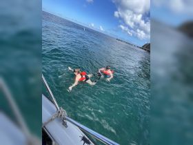 Two snorkelers explore the vibrant underwater world, showcasing the fun and adventure of a snorkeling trip in clear blue waters.