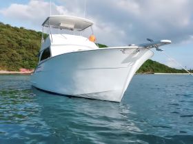 A stunning view of a white boat anchored in calm waters, showcasing its sleek design against a lush green backdrop — perfect for a day out on the water.