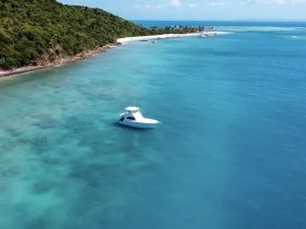 A stunning aerial view of a yacht anchored in crystal-clear turquoise waters, surrounded by lush greenery and a sandy beach, perfect for exploring tropical destinations.