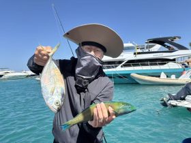 An angler proudly displays his catch of the day, showcasing vibrant fish against a backdrop of luxury boats — a perfect moment for fishing enthusiasts on the water.