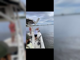 A group enjoys a fishing trip on a boat, with one person proudly displaying their catch — a perfect moment of fun and camaraderie on the water.