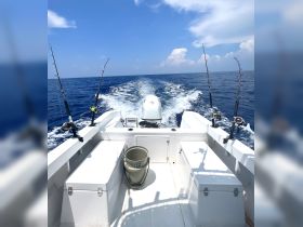 The interior of a fishing boat showcases the helm and fishing gear, perfect for a day out on the water.