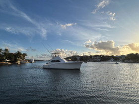 A sleek yacht navigates through calm waters, showcasing its elegant design against a picturesque backdrop of waterfront homes and a vibrant sky.