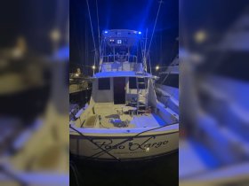 A nighttime view of the 'Paso Largo' boat docked at Curacao Yacht Club, showcasing its sleek design and illuminated features.