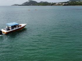 A vibrant boat navigates through clear waters while kayakers enjoy the scenery in the background, capturing the essence of adventure on the water.