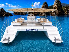 A stunning catamaran named 'Blue Marine' anchored in crystal-clear waters, showcasing its spacious deck and inviting seating — perfect for leisurely cruises and island adventures.