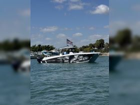 A striking Twin Vee boat is docked, showcasing its unique design and American flag against a clear blue sky — perfect for water adventures.