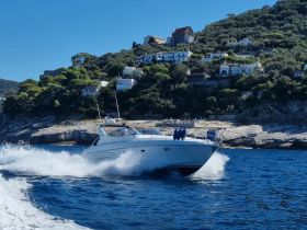 A sleek speedboat glides through clear blue waters, showcasing its dynamic design against a picturesque coastal backdrop.