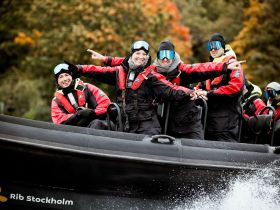A lively group enjoys a thrilling ride on a Rib boat, showcasing excitement and camaraderie against a backdrop of autumn foliage.
