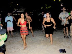 A lively group of friends enjoys a fun beach party, laughing and dancing under the night sky — perfect for unforgettable celebrations by the shore.