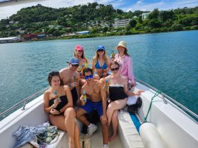 A lively group enjoys drinks on a boat, capturing the essence of a fun day out on the water with friends.
