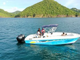 A group of people enjoying a day on the water aboard a vibrant boat, surrounded by lush green hills — perfect for adventure and exploration.