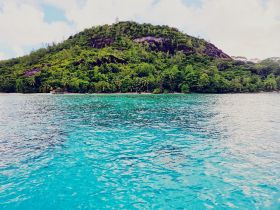 A stunning view of a lush green island surrounded by crystal-clear turquoise waters, perfect for tropical getaways and eco tours.