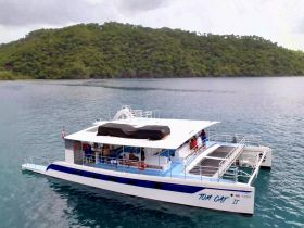 Aerial view of the 'Tom Cat II' catamaran docked in serene waters, surrounded by lush greenery — perfect for group charters and island adventures.