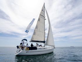 A beautiful sailboat glides through calm waters, showcasing its elegant sails and crew, perfect for sailing enthusiasts and adventure seekers.