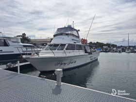 The 'Flying Fish II' yacht is docked at the marina, showcasing its sleek design and ready for fishing charters.