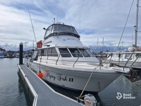 The 'Flying Fish II' yacht is docked at the marina, showcasing its sleek design and readiness for charter adventures.