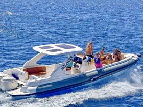 A lively group enjoys a fun day on the water aboard a speedboat, capturing memories with smiles and waves against a stunning ocean backdrop.