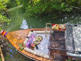 A cozy interior view of a boat featuring comfortable seating and decorative pillows, perfect for relaxing while navigating through serene mangrove waterways.