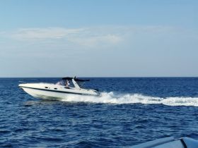A speedboat glides across the open water, showcasing the thrill of boating adventures on a sunny day.