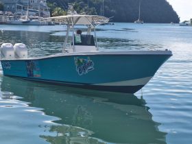 A sleek speedboat named 'Big Time' is docked in calm waters, showcasing its vibrant design and perfect for adventure tours.