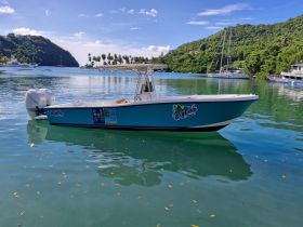 A vibrant speedboat named 'Big Time' docked in serene waters, surrounded by lush greenery and other vessels, perfect for exploring coastal destinations.