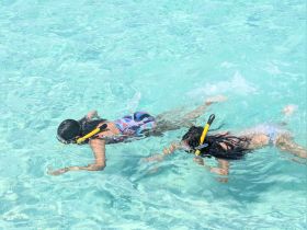 Two children enjoy snorkeling in the crystal-clear waters, making for a perfect family adventure in a tropical paradise.