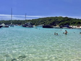 A lively scene of people enjoying a sunny day at the beach, swimming in clear waters surrounded by various boats — perfect for a fun sandbar stop.