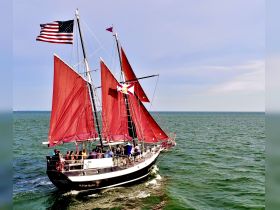 A lively group enjoys a sailing adventure aboard a beautifully rigged vessel with vibrant red sails, navigating the open ocean.