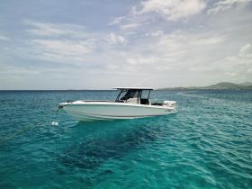 A sleek speedboat anchored in crystal-clear turquoise waters, showcasing the perfect setting for a day of adventure on the sea.