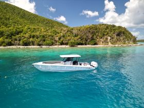 A sleek speedboat anchored in crystal-clear turquoise waters, surrounded by lush greenery — an ideal setting for a day of adventure on the water.
