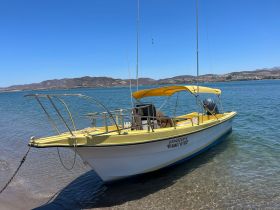 A vibrant yellow speedboat anchored in calm waters, showcasing its sleek design against a scenic backdrop of hills and clear blue skies.