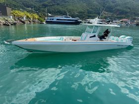 A sleek speedboat is captured in clear turquoise waters, showcasing its stylish design and perfect for thrilling adventures on the water.