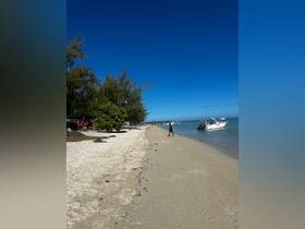 A vibrant beach scene with people enjoying the sun and several boats anchored nearby, perfect for a day of relaxation and fun on the water.