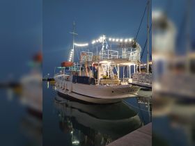 A beautifully lit boat docked at night, showcasing its structure and ambiance, perfect for evening cruises or events.
