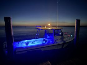 A beautifully illuminated boat docked at night, showcasing its sleek design and vibrant lighting against a serene waterfront backdrop.