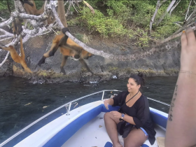 A woman enjoys a close encounter with playful monkeys while on a boat, showcasing the unique wildlife experiences available in this scenic location.