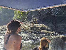 Guests observe monkeys on the rocky shore, creating a memorable wildlife encounter during their boating adventure.
