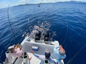 A group of anglers enjoys a day of fishing on the open water, showcasing the excitement of on-water activities and camaraderie.