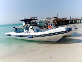 A sleek speedboat docked on a sandy beach, showcasing its design against a backdrop of clear turquoise waters — ideal for water adventures.