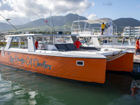 A vibrant catamaran named 'Orange Cat Charters' docked at the marina, showcasing its sleek design and crew preparing for the next adventure.