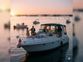 A lively gathering on a yacht at sunset, where guests celebrate with cocktails and enjoy the beautiful evening ambiance — perfect for memorable parties on the water.